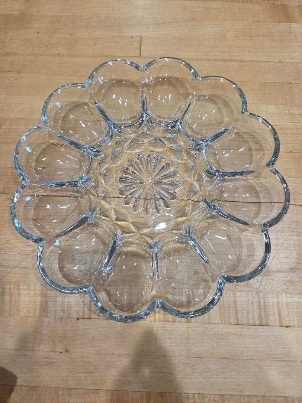 Vintage Anchor Hocking Clear Glass 10 Inch Scalloped 12 Well Deviled Egg Plate